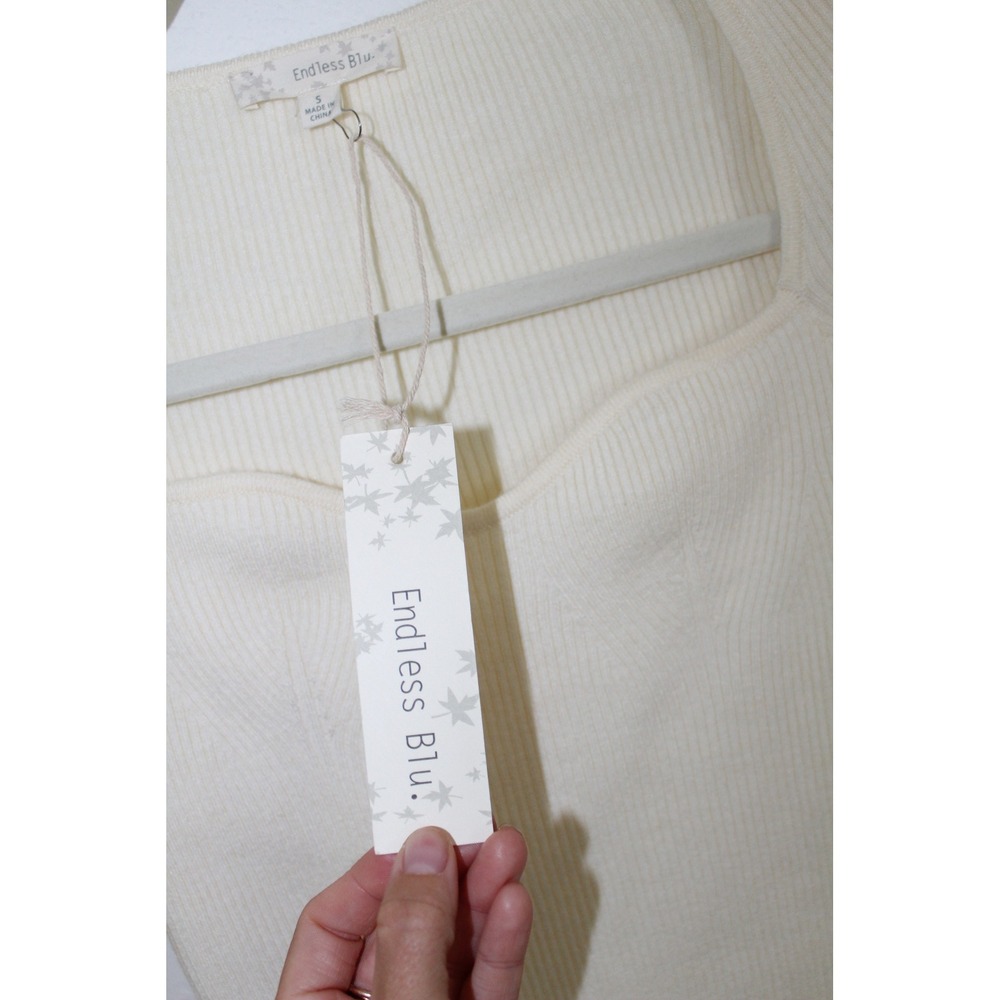 Endless Blu Womens Cream Pearl Hem Ribbed Knit Balloon Sleeve Crop Sweater S NWT - Picture 4 of 8